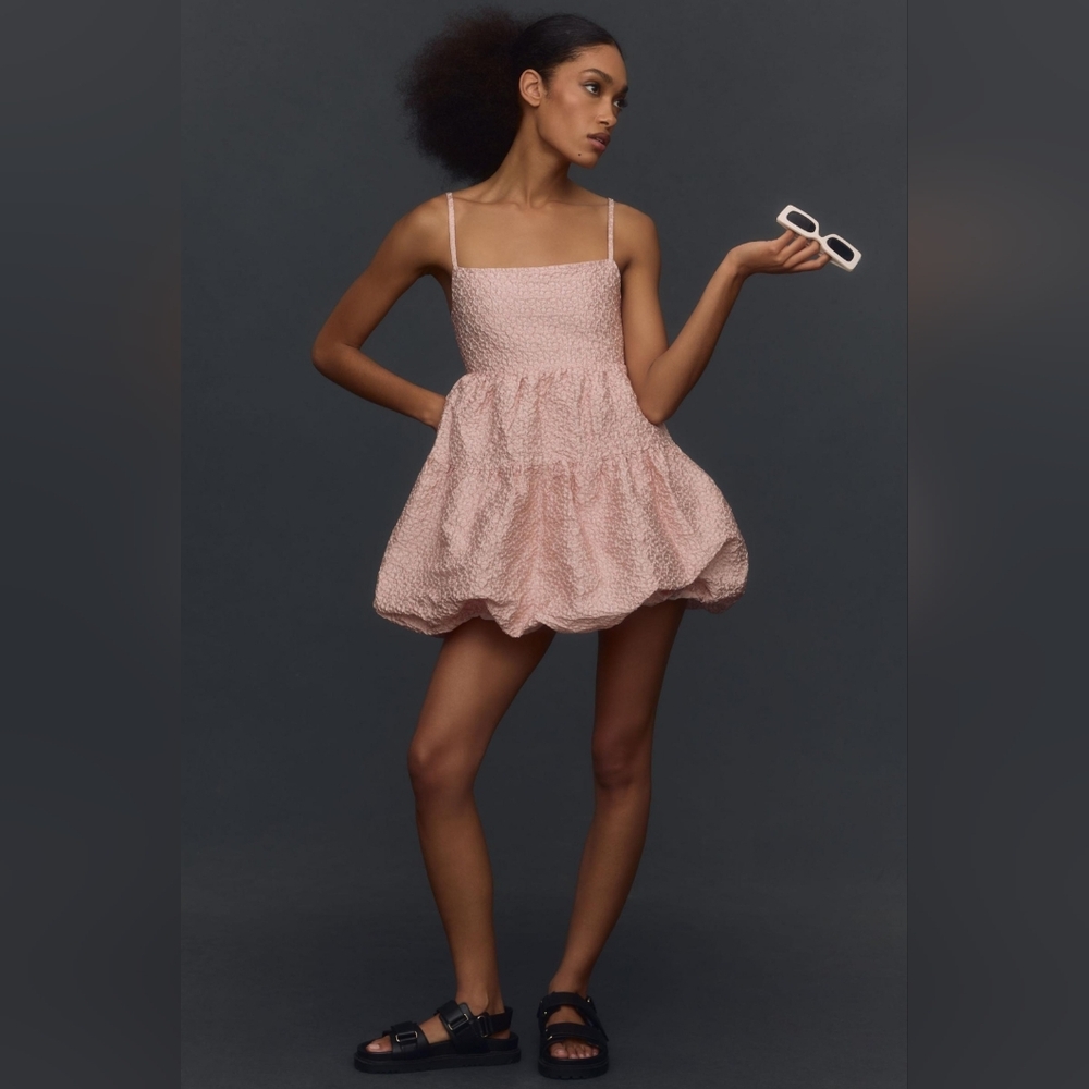 Aureta Studio x Anthropologie Square-Neck Bubble-Hem Mini Dress in Pink